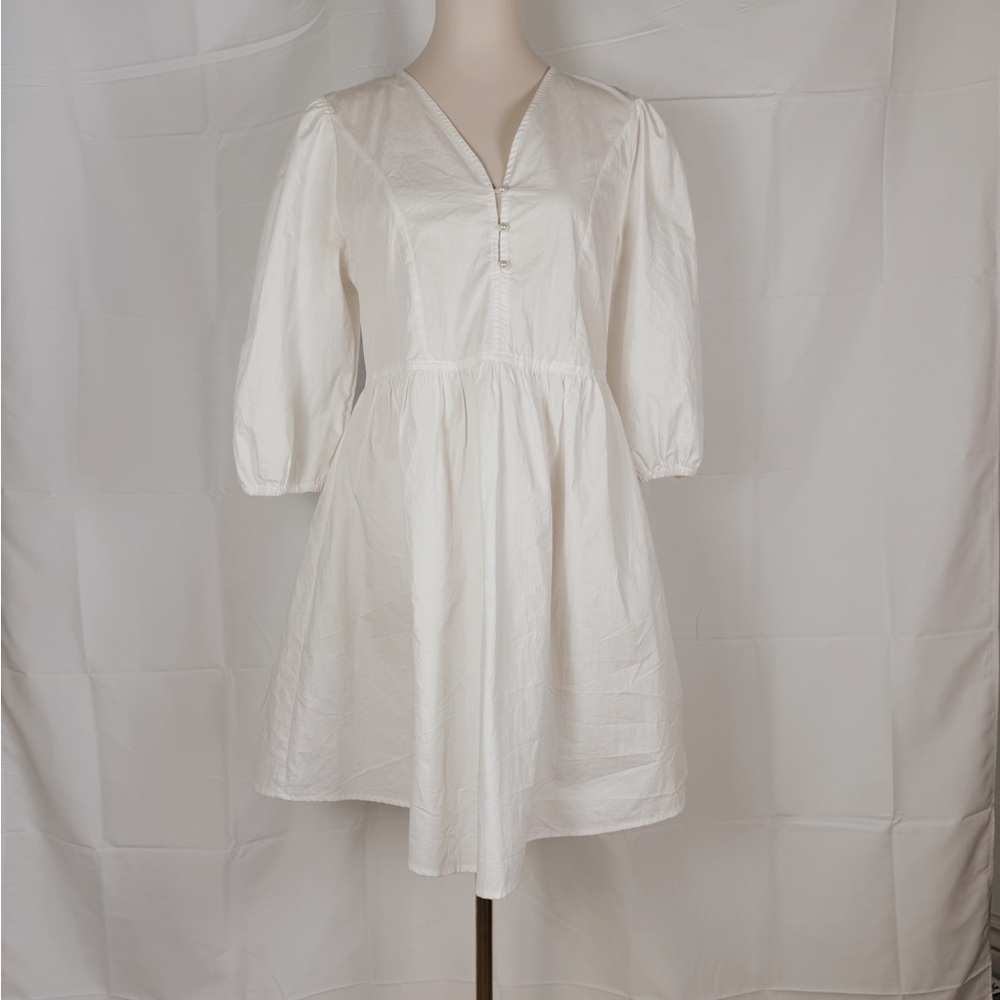 White V-Neck Dress with Puff Sleeves